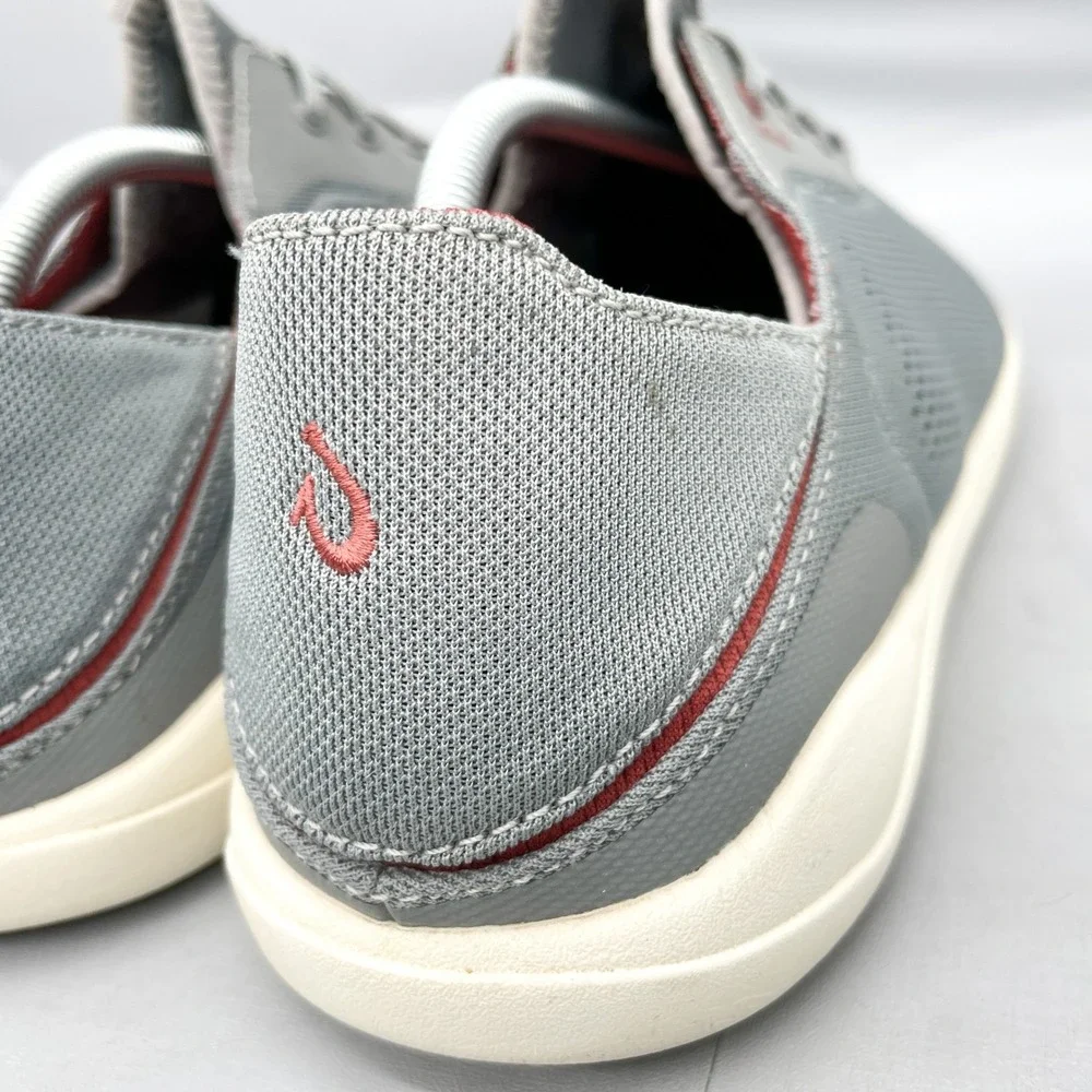OluKai Moku Pae Mens 12 Fog Gray Red Mesh Boat Shoes Sneakers Casual Comfort